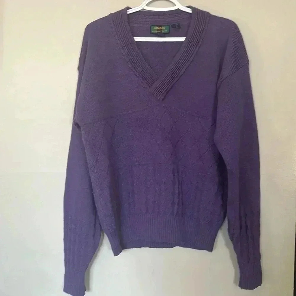 [M]Vintage Colours By Alexander Julian Purple V Neck Wool Ribbed Sweater